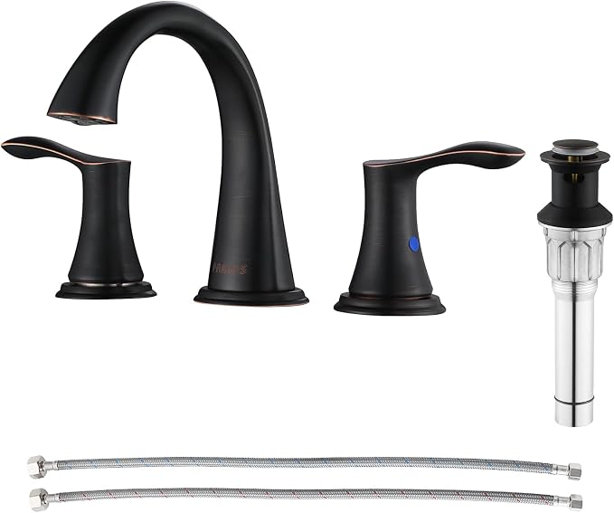 Bathroom Sink Faucet 8 Inch Widespread for Vanity, Oil Rubbed Bronze | Mid Arc Brass Spout, 2 Handle Lead-Free Bathroom Faucet with Metal Pop Up Drain Supply Lines for 3 Hole Lavatory Utility Sink