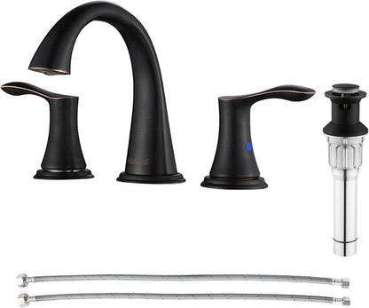 Bathroom Sink Faucet 8 Inch Widespread for Vanity, Oil Rubbed Bronze | Mid Arc Brass Spout, 2 Handle Lead-Free Bathroom Faucet with Metal Pop Up Drain Supply Lines for 3 Hole Lavatory Utility Sink