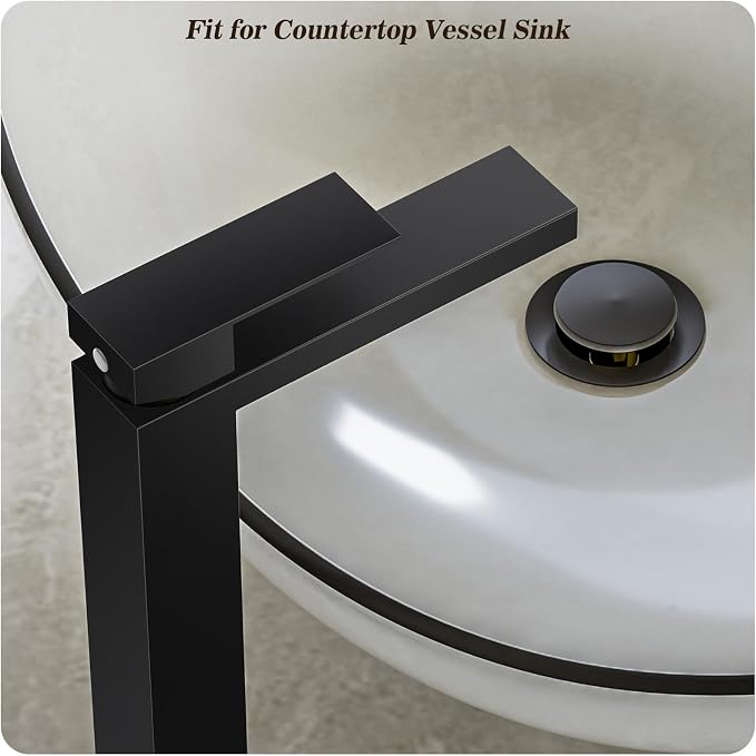 Black Tall Bathroom Faucet Vessel Sink Faucet Single Hole Bathroom Vessel Sink Faucet Single Handle with Water Supply Hose Above countertop Sink and Pop Up Sink Drain,BF3530P-MB-V