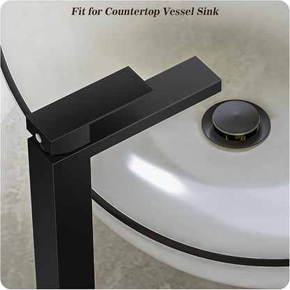 Black Tall Bathroom Faucet Vessel Sink Faucet Single Hole Bathroom Vessel Sink Faucet Single Handle with Water Supply Hose Above countertop Sink and Pop Up Sink Drain,BF3530P-MB-V