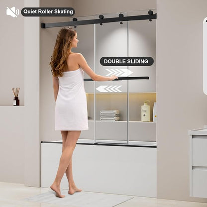 Frameless Sliding Bathtub Shower Door 60" W x 60" H, 1/4" (6mm) Clear Tempered Glass Tub Shower Door, Double Sliding Glass Shower Door with Full Stainless Steel Hardware, Matte Black