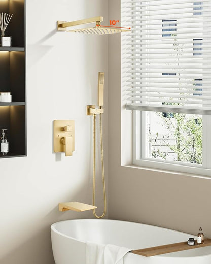 gotonovo Tub Shower Faucet Set with Valve 10'' Rain Head,Brushed Gold | Waterfall Tub Spout Shower System,Bathtub Faucet Set,SUS304 Rain Head with Handheld,Brass Valve Trim Kit,All Metal,Wall Mount