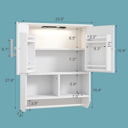 VECELO Bathroom Wall Cabinet with LED Light, Wall Mounted Medicine Cabinet with Open and Hidden Storage Space and Towel Bar for Bathroom, Kitchen, Laundry Room, White