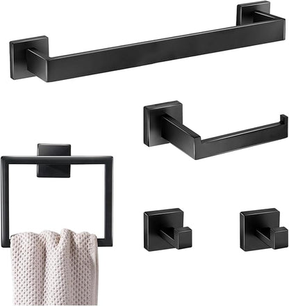 5 Pieces Bathroom Hardware Accessories Set 16 Inch Wall Mounted Towel Bar Set Matte Black Towel Rack Rings Stainless Steel Toilet Paper Holder Bath Coat Hooks
