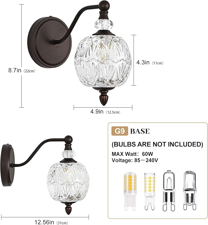 1 Piece Vintage Wall Sconce, 1-Light Mid Century Oil Rubbed Bronze Finish Wall Sconce with Globe Glass Shade, Retro Light for Bathroom, Bedroom, Living Room,Powder Room