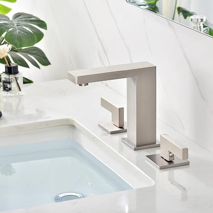 sumerain 8 Inch Widespread Brushed Nickel Bathroom Faucet 2 Handles Lavatory Faucet with Quick Install Hose