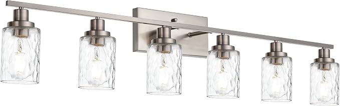 MELUCEE Bathroom Vanity Light Brushed Nickel with Clear Hammered Glass | 6-Light Industrial Wall Light Fixtures for Bath Mirror Bedroom Dressing Table (Patent No.: US D963914 S)