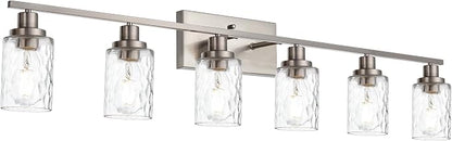 MELUCEE Bathroom Vanity Light Brushed Nickel with Clear Hammered Glass | 6-Light Industrial Wall Light Fixtures for Bath Mirror Bedroom Dressing Table (Patent No.: US D963914 S)