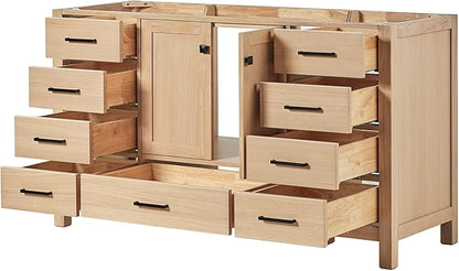 ARIEL Cambridge 60-inch Bathroom Vanity Base Cabinet,Solid Wood, 2 Soft Closing Doors, 9 Dovetail Drawers, White Oak