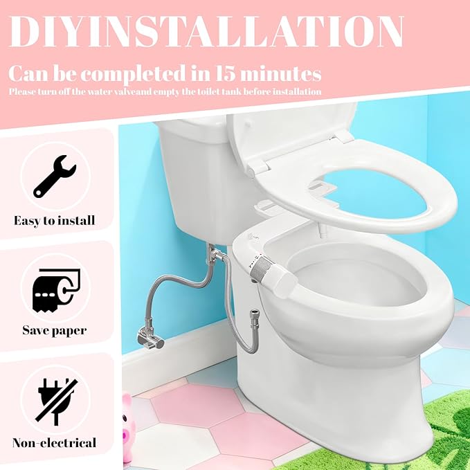 Bidet Attachment for Toilet,Non-Electric Ultra-Thin With,Rear/Feminine Wash,Dual Nozzles (Adjustable Angle), Adjustable Water Pressure, Cold Water Only, White