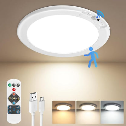 Rechargeable Motion Sensor Ceiling Light, Battery Operated Closet Light | Wireless Battery Powered LED Shower Light, Magnetic Cordless Ceiling Light with Remote, Overhead Lamp for Pantry Shed Hallway