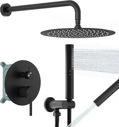 BESy Shower System with 10 Inch Round Rain Shower Head and Handheld Wall Mounted, High Pressure Rainfall Heads Shower Faucet Fixture Combo Set with 2 in 1 Spray Showerhead for Bathroom, Black