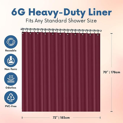 No Smell Shower Curtain Liner 72x72 Burgundy - PEVA Plastic Shower Curtain for Bathroom, PVC-Free Waterproof Burgundy Shower Liner with Metal Grommets and Magnet-Weighted Bottom Hem - Washable Liner