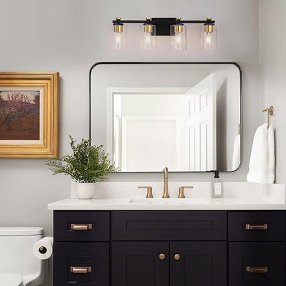 4 Light Bathroom Light Fixtures, Black and Gold Bathroom Vanity Light with Clear Glass Shade, Modern Bathroom Lights Over Mirror Wall Sconce, Brushed Gold Vanity Lights for Bathroom