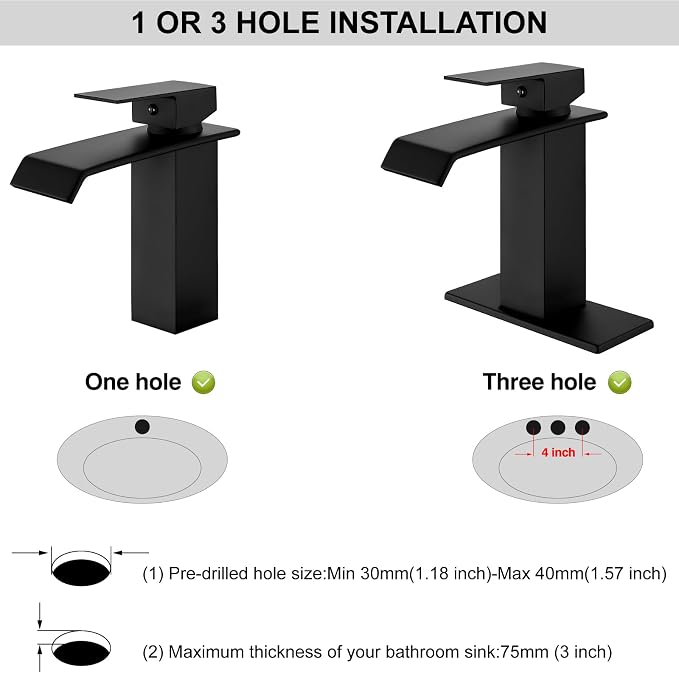 Midanya Waterfall Bathroom Sink Faucet 1 Hole,Matte Black | with cUPC Hoses,Pop Up Drain,Deck Plate,for 1 or 3 hole sink,Vanity,RV,Lavatory,Basin,Farmhouse,Stainless Steel,Single Handle