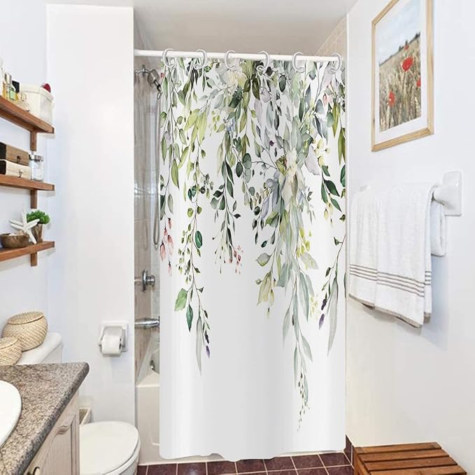 Eucalyptus Shower Curtain, Watercolor Green Leaves on The Top Plant with Floral Bathroom Curtain Bathtub Home Decor Waterproof Fabric Machine Washable with 12 Hooks, 72''Lx48''W, GCI-7426