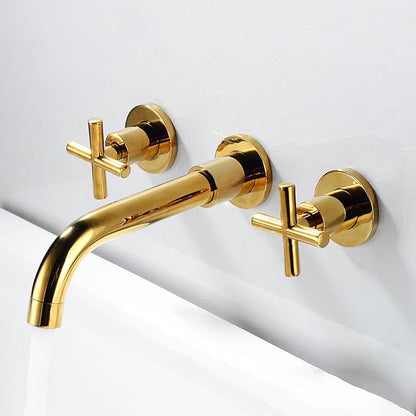 Wall Mounted Bathroom Faucet,Double Cross Handles Lavatory Basin Sink Mixing, Mount Brass,Hot and Cold Water Mixer Tap,Gold(Gold)