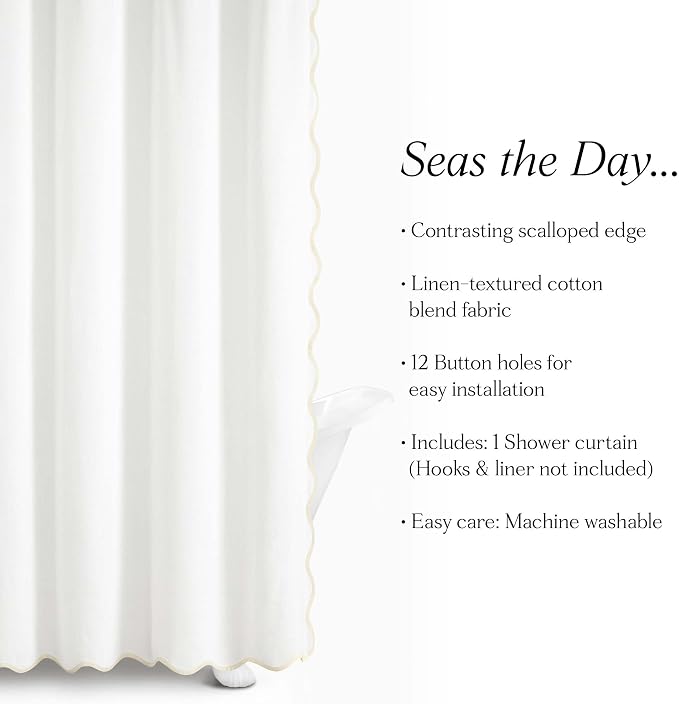 Lush Decor Coastal Chic Scallop Edge Linen-Textured Shower Curtain, Single 72" W x 72" L, Neutral & White - Scalloped Shower Curtains - Coastal Bathroom Curtain