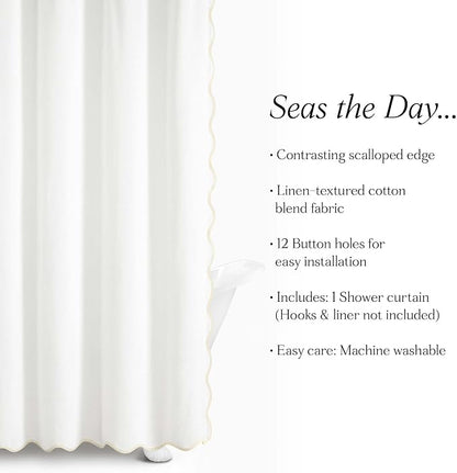 Lush Decor Coastal Chic Scallop Edge Linen-Textured Shower Curtain, Single 72" W x 72" L, Neutral & White - Scalloped Shower Curtains - Coastal Bathroom Curtain