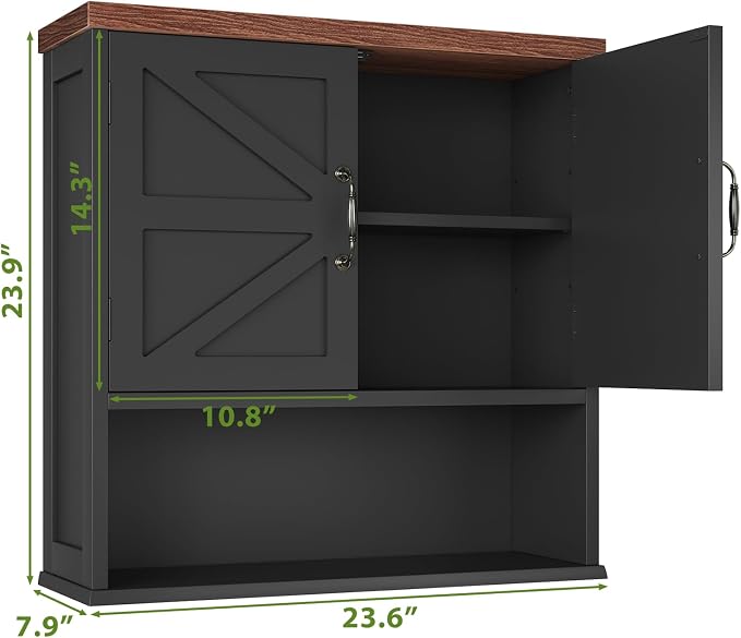 Bathroom Wall Cabinet with Barn Doors, Wall Mounted Bathroom Storage Cabinet, Farmhouse Style, Adjustable Shelf, Wall Mounted Medicine Cabinets, 23.6 x 7.9 x 23.9 Inches