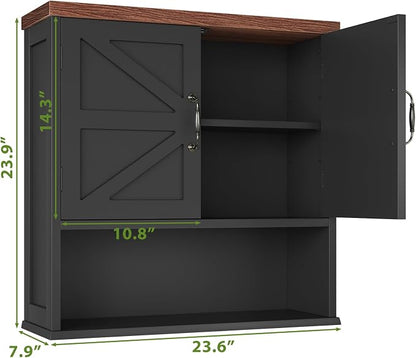 Bathroom Wall Cabinet with Barn Doors, Wall Mounted Bathroom Storage Cabinet, Farmhouse Style, Adjustable Shelf, Wall Mounted Medicine Cabinets, 23.6 x 7.9 x 23.9 Inches