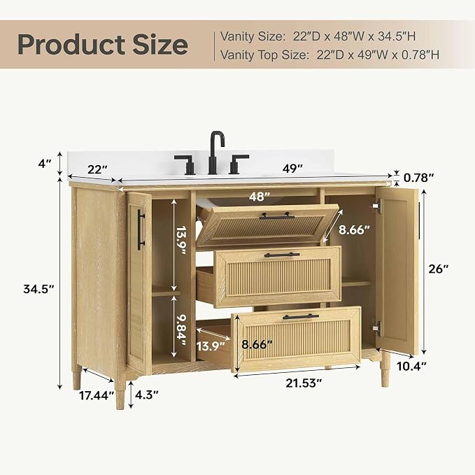 48 Inch Bathroom Vanity with Sink, Quartz Top, Light Oak | Modern Pre Assembled Single Sink Bathroom Vanity, Freestanding Bathroom Storage Cabinet, Soft Close Doors, Dovetail Drawers