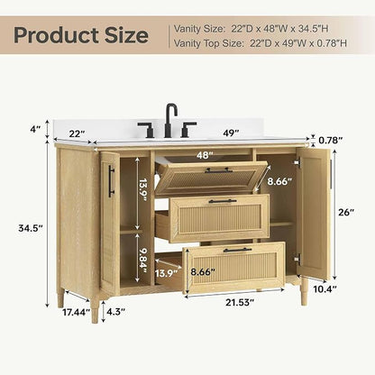 48 Inch Bathroom Vanity with Sink, Quartz Top, Light Oak | Modern Pre Assembled Single Sink Bathroom Vanity, Freestanding Bathroom Storage Cabinet, Soft Close Doors, Dovetail Drawers
