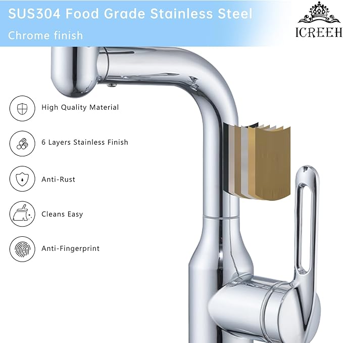 Bathroom Sink Faucet 1 Hole, Chrome Multifunctional Basin Faucet with 4 Water Outlet Modes, Modern 360°Rotatable Bar Tap with Two Water Supply Pipes