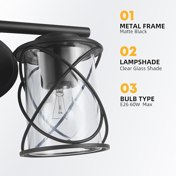 Bathroom Vanity Light Fixtures Over Mirror, 4 Lights Bathroom Vanity Lights, Matte Black Vanity Light, Modern Bathroom Lights with Cage Shade, Bathroom Wall Lamp for Mirror Kitchen Bedroom