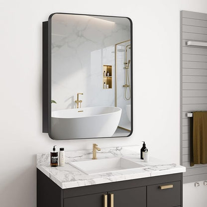 16’’x26’’ Medicine Cabinet,Metal Framed Medicine Cabinet Mirror with Round Corner,Recessed and Surface Mount Bathroom Mirror with Storage, Removeable Shelves,Dark Gray Frame