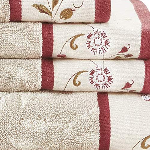 Madison Park Serene 100% Cotton Bath Towel Set Luxurious Floral Decorative Towels for Bathroom Embroidered Cotton Jacquard Design Soft Highly Absorbent for Shower 600 GSM, Multi-Sizes, Red 6 Piece | Luxurious Floral Decorative Towels for Bathroom, Embr...