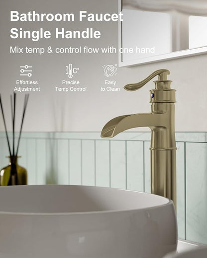 BWE Waterfall Vessel Sink Faucet Brushed Gold Bathroom Faucet 1 Hole | Single Handle Tall Bathroom Faucets with Pop Up Drain Assembly and Supply Lines Lavatory Vanity Bath Mixer Tap