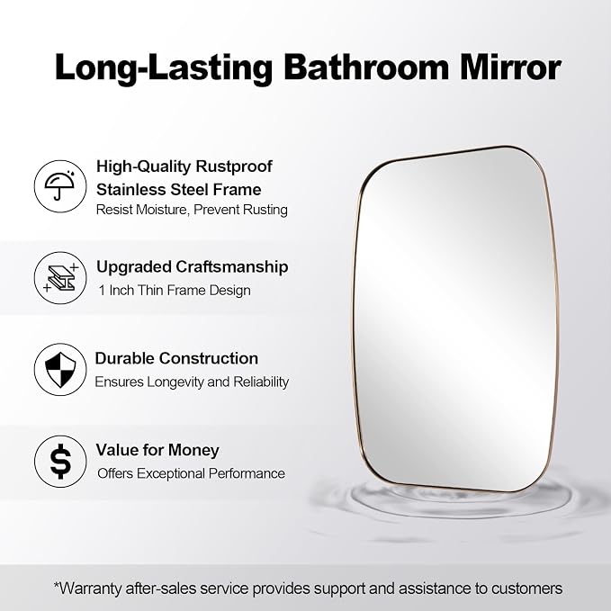 24X40 Inch Brushed Champagne Bronze Oblong Bathroom Mirror | Stainless Steel Metal Frame, HD Glass, Bathroom Vanity Mirror for Over Sink, Modern Design Wall Mounted, MDF Backboard