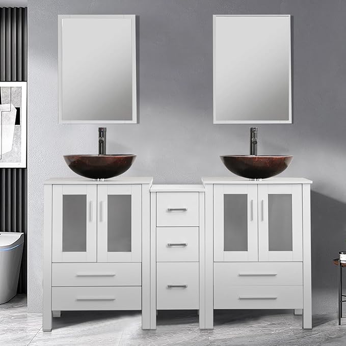 UEV 60" White Bathroom Vanity, Cabinet with Double Sink, 3 Drawers, Modern Design, Vessel Sink Combo & Mirror (UEVA0960WH)