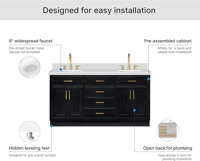 ARIEL Hepburn 66-inch Bathroom Vanity with Sink,Solid Wood, 1.5-inch Pure White Quartz Countertop & Backsplash, Double Oval Porcelain Sink, 4 Soft Closing Doors, 6 Dovetail Drawers, Black Oak