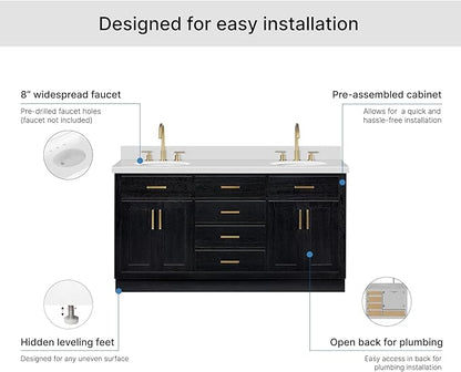 ARIEL Hepburn 66-inch Bathroom Vanity with Sink,Solid Wood, 1.5-inch Pure White Quartz Countertop & Backsplash, Double Oval Porcelain Sink, 4 Soft Closing Doors, 6 Dovetail Drawers, Black Oak