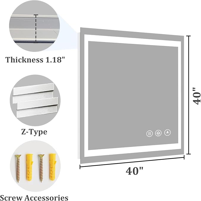 Koonmi 40x40 LED Bathroom Mirror, Shatterproof Mirror with Light | 90CRI Vanity Mirror with Anti-fog Backlit + Front Lit, 3 Color, Easy Install for Bathroom Hotel (IP65)