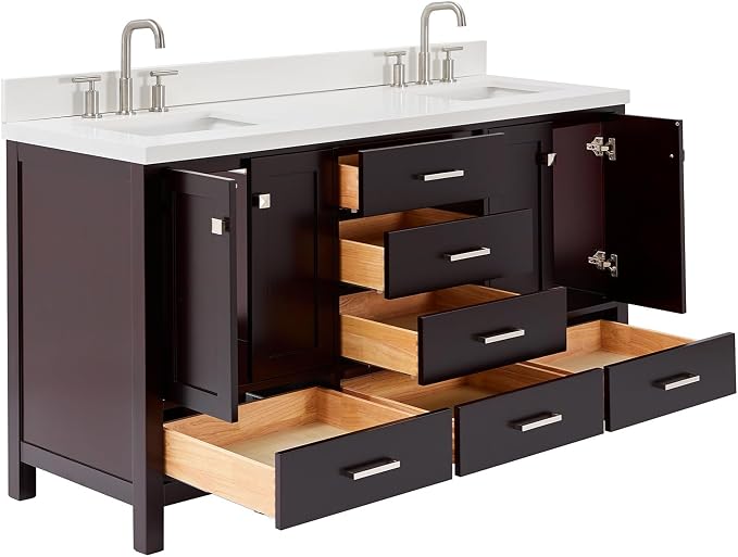 Beckford 66-Inch Espresso Double Bathroom Vanity, 1.5-Inch Edge Pure White Quartz Countertop & Backsplash, 2 Rectangular Undermount Sinks, 4 Soft Closing Doors, 6 Dovetail Drawers, Brushed Nickel