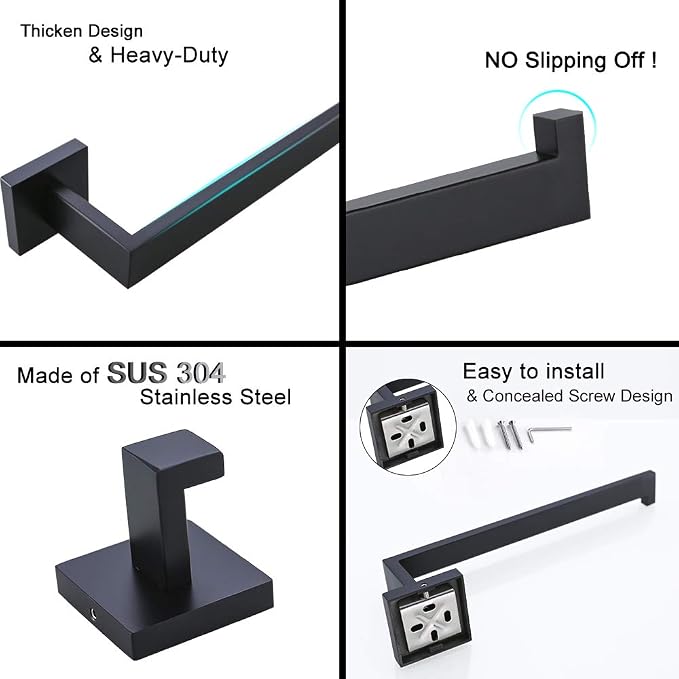 TURS 4 Pieces Bathroom Hardware Accessories Set Matte Black 16 Inch Towel Bar Set,Wall Mounted,Premium Stainless Steel.