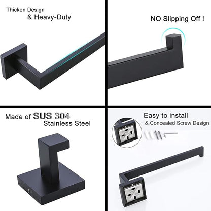 TURS 4 Pieces Bathroom Hardware Accessories Set Matte Black 16 Inch Towel Bar Set,Wall Mounted,Premium Stainless Steel.