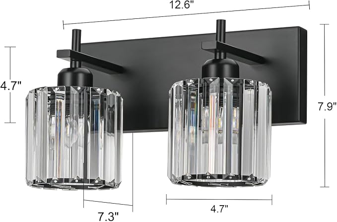 Black Crystal Bathroom Vanity Lights, Modern 2-Lights Bathroom Lighting Fixtures Over Mirror, Crystal Wall Lighting with Round Shade