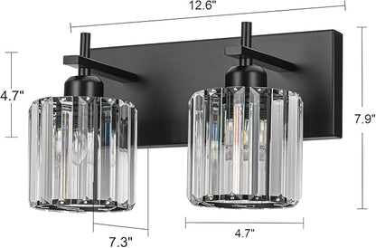 Black Crystal Bathroom Vanity Lights, Modern 2-Lights Bathroom Lighting Fixtures Over Mirror, Crystal Wall Lighting with Round Shade