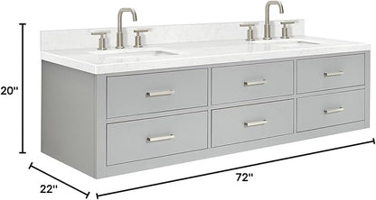 ARIEL Hutton 72-inch Bathroom Vanity with Sink,Solid Wood, 1.5-inch Carrara White Quartz Countertop & Backsplash, Double Rectangular Porcelain Sink, 3 Dovetail Drawers, Grey