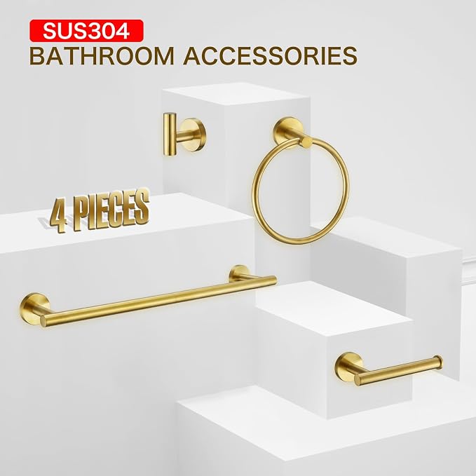 Bathroom Hardware Set, Brushed Gold, 24in, 4-Piece | Stainless Steel, Wall-Mounted, Towel Bar, Toilet Paper Holder, Towel Ring, Towel Hooks, Adjustable
