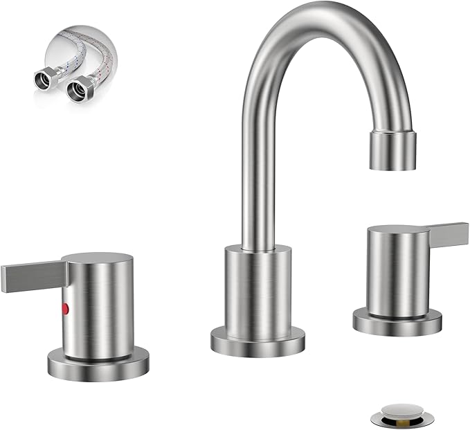 Widespread 8 Inch Lead-Free Brushed Nickel Stain-Resistant Bathroom Faucet(Stainless Steel), 2 Handle 3 Hole Swivel Spout RV Bathroom Vanity Sink Faucet with Metal Drain & Supply line, BF03042-K01-GBN