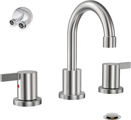 Widespread 8 Inch Lead-Free Brushed Nickel Stain-Resistant Bathroom Faucet(Stainless Steel), 2 Handle 3 Hole Swivel Spout RV Bathroom Vanity Sink Faucet with Metal Drain & Supply line, BF03042-K01-GBN