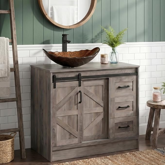 36" Farmhouse Bathroom Vanity with Sink, Bathroom Storage Cabinet w/Sliding Barn Doors & Drawers, Freestanding Vanity with Brown Leaf Vessel Sink