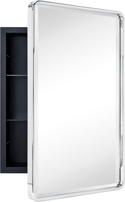 TEHOME Surface Mount 16x24 Polished Nickel Bathroom Medicine Cabinet with Mirror Metal Framed Rounded Rectangle Medicine Cabinet with Beveled Mirror
