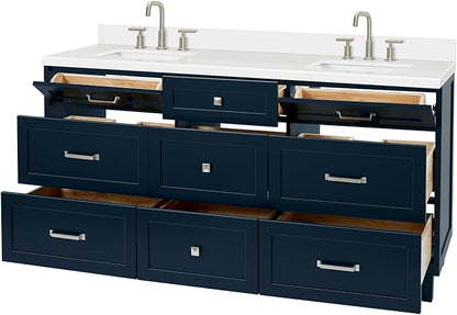 ARIEL Monroe 66-inch Bathroom Vanity with Sink,Solid Wood, 1.5-inch Pure White Quartz Countertop & Backsplash, Double Oval Porcelain Sink, 9 Dovetail Drawers, Brushed Nickel, Midnight Blue