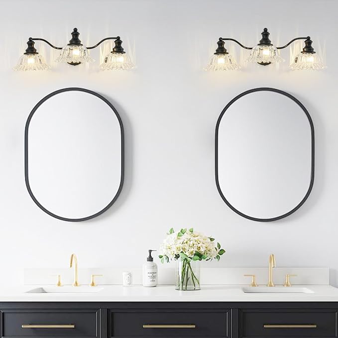 Black Bathroom Light Fixtures Over Mirror, 3 Light Vintage Bathroom Vanity Light Fixture with Clear Flower Glass Shades, Retro Vanity Lights for Bathroom, Bathroom Vanity Lights Over Mirror